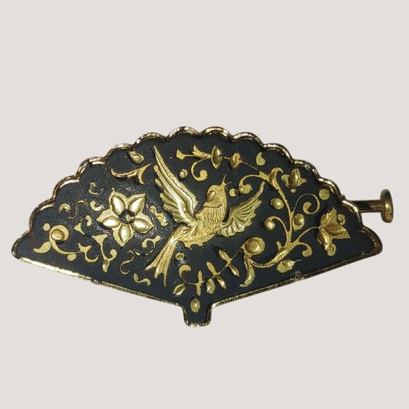 Vintage Damascene Brooch Small Gold Tone Black Enamel Fan Bird Floral Design - Picture 1 of 16